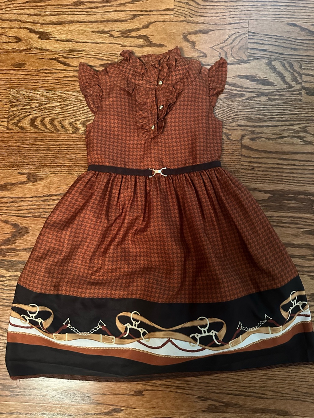 EUC Janie and Jack Rust Houndstooth Circle Skirt with Horsebit Border, Sz 3